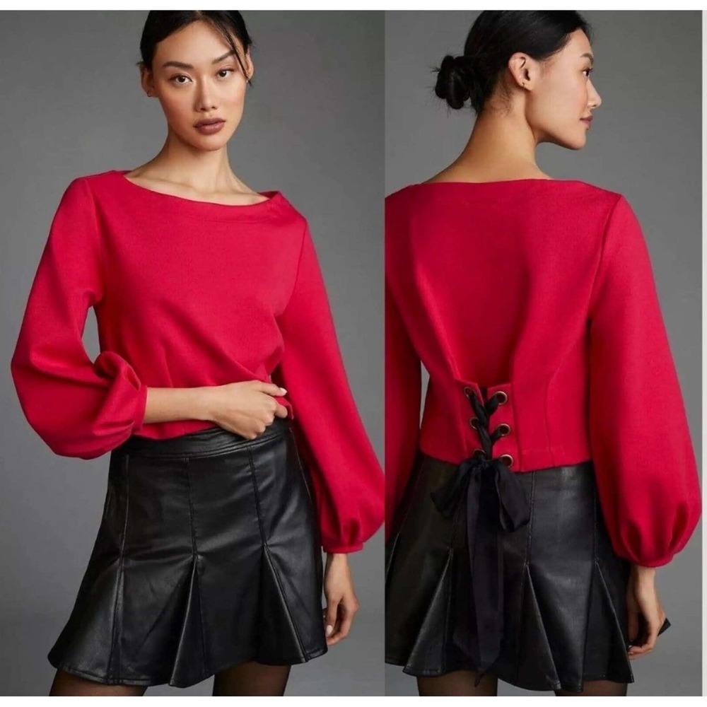 Maeve Anthropologie Raspberry Red Lace Up Back Puff Sleeve Crop Top XXS New